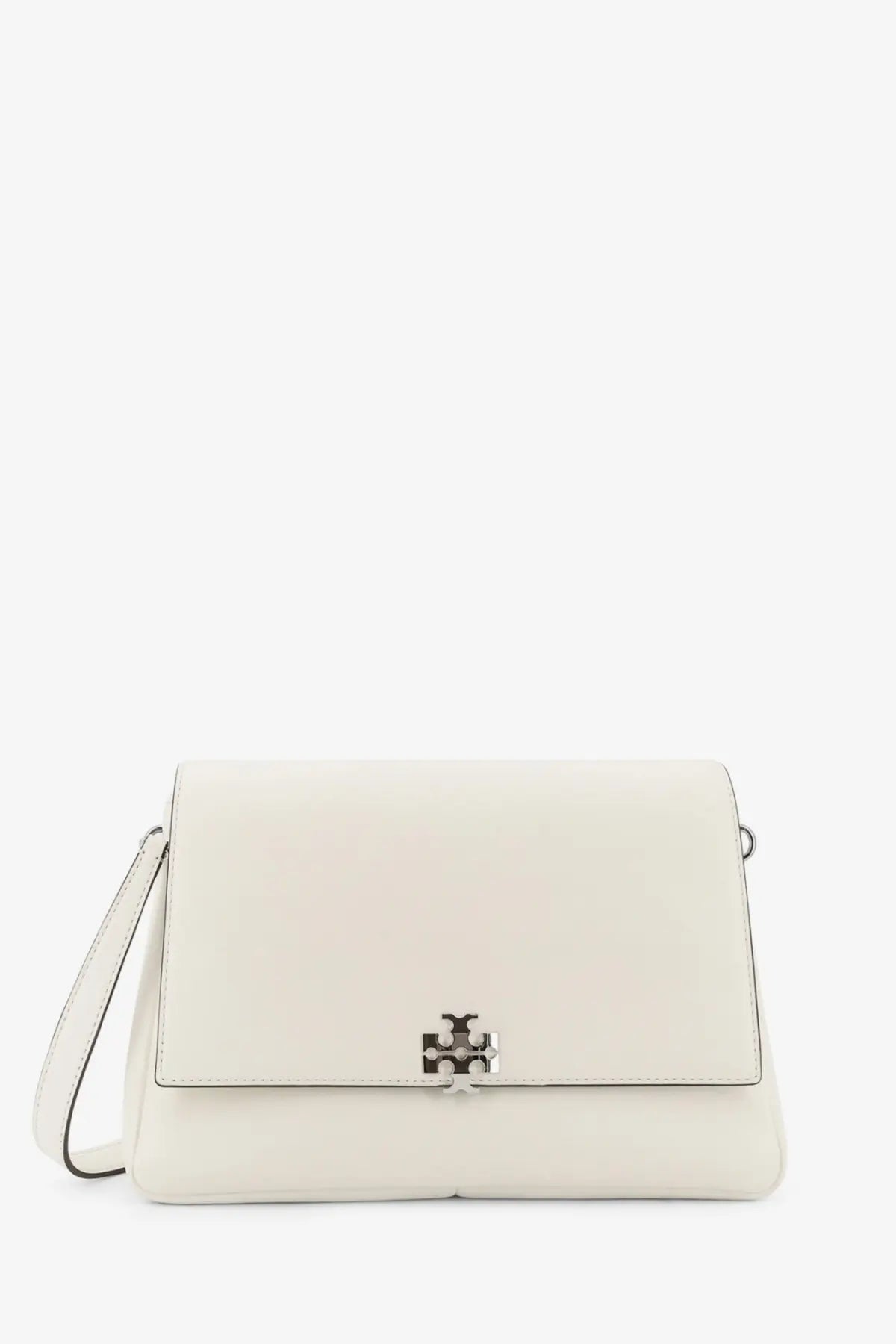 Tory Burch women’s Charlie cream leather crossbody bag with silver clasp and matching strap in white