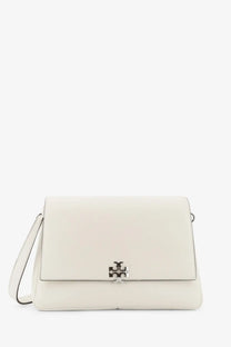 Tory Burch women’s Charlie cream leather crossbody bag with silver clasp and matching strap in white