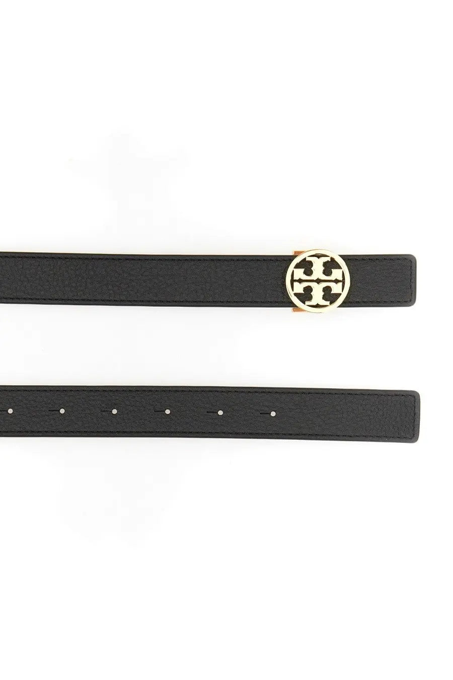 Black leather belt with gold toned circular tory burch logo buckle from tory burch women’s cintura miller reversibile black