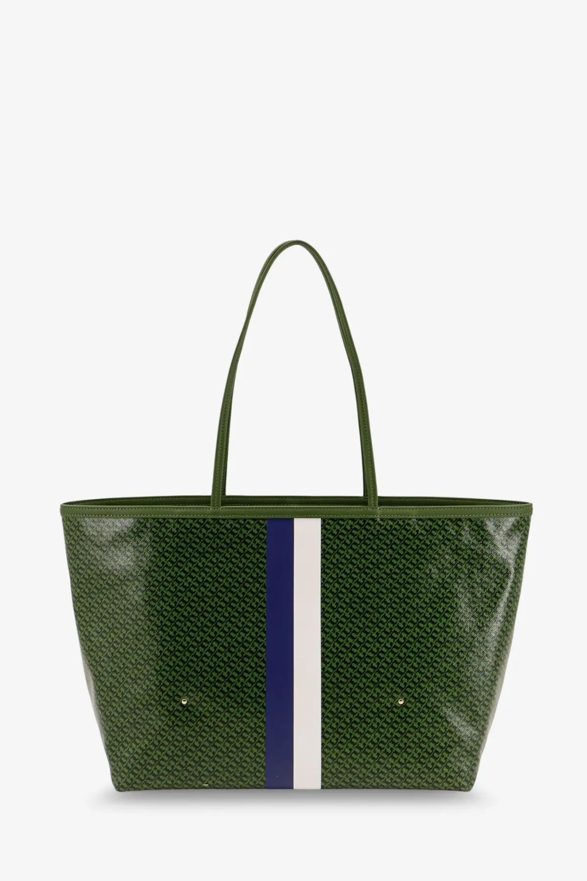 Tory Burch women’s coated canvas green racer tote shoulder bag with repeating pattern and navy blue white stripes