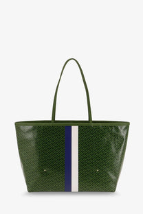 Tory Burch women’s coated canvas green racer tote shoulder bag with repeating pattern and navy blue white stripes