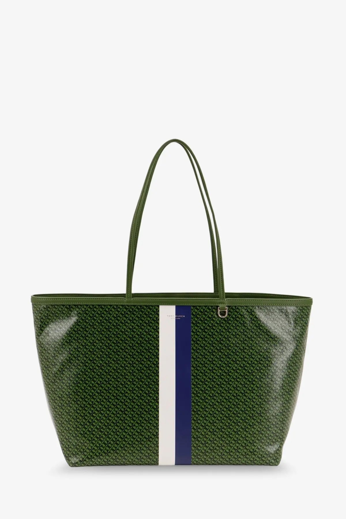 Tory burch women’s coated canvas olive green tote bag with geometric pattern and vertical white navy stripes