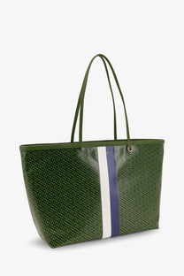 Olive green woven tote bag with white and navy blue vertical stripe and matching handles by tory burch