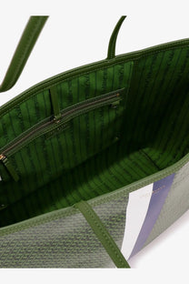 Olive green coated canvas tote bag with white and purple stripe accent tory burch women’s racer shoulder bag