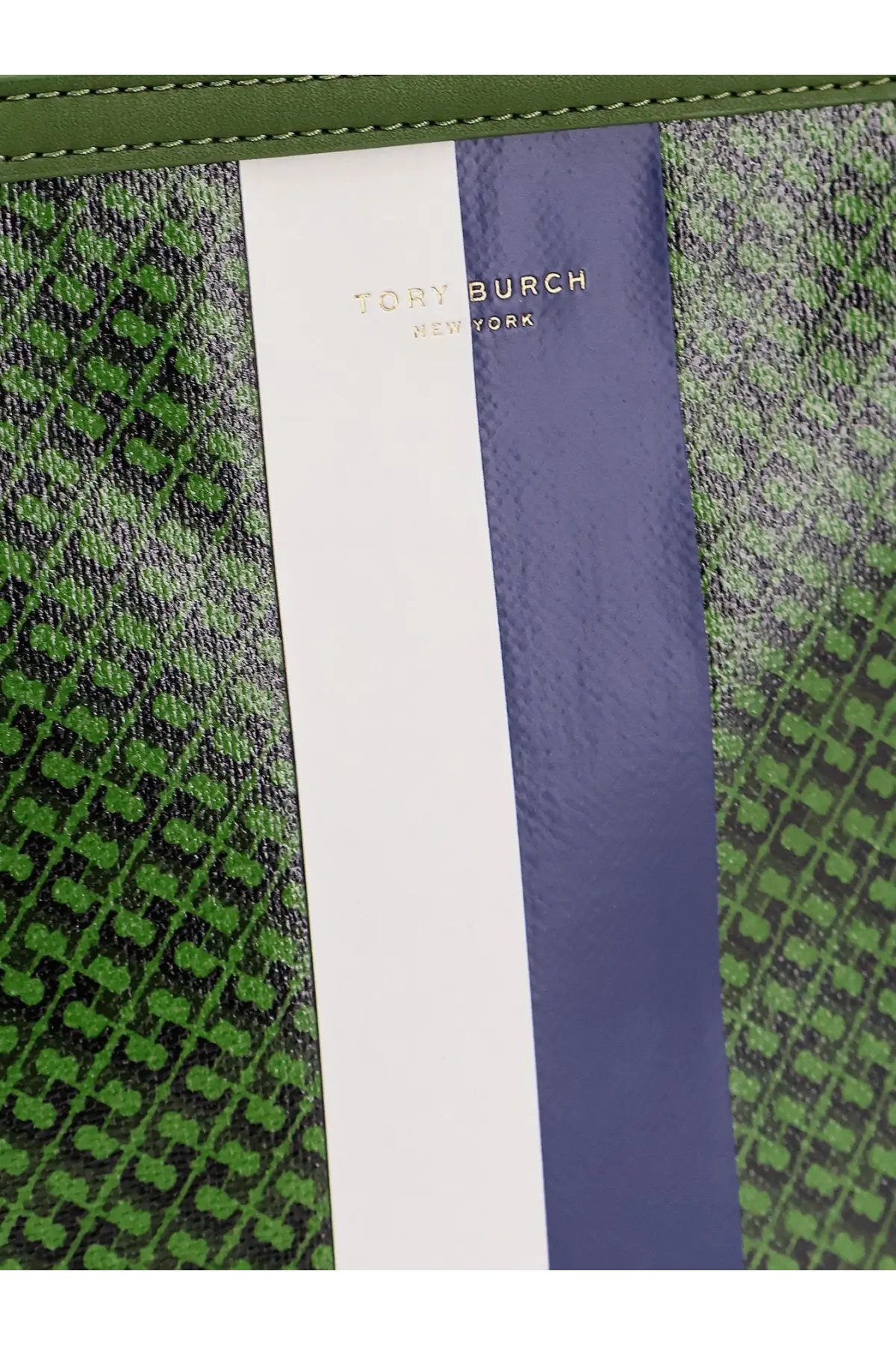 Tory Burch women’s coated canvas racer tote shoulder bag in green with purple snakeskin pattern and white navy stripes