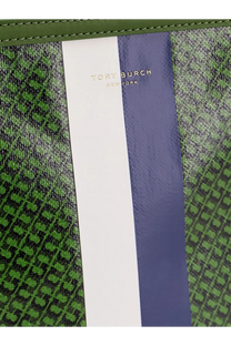 Tory Burch women’s coated canvas racer tote shoulder bag in green with purple snakeskin pattern and white navy stripes