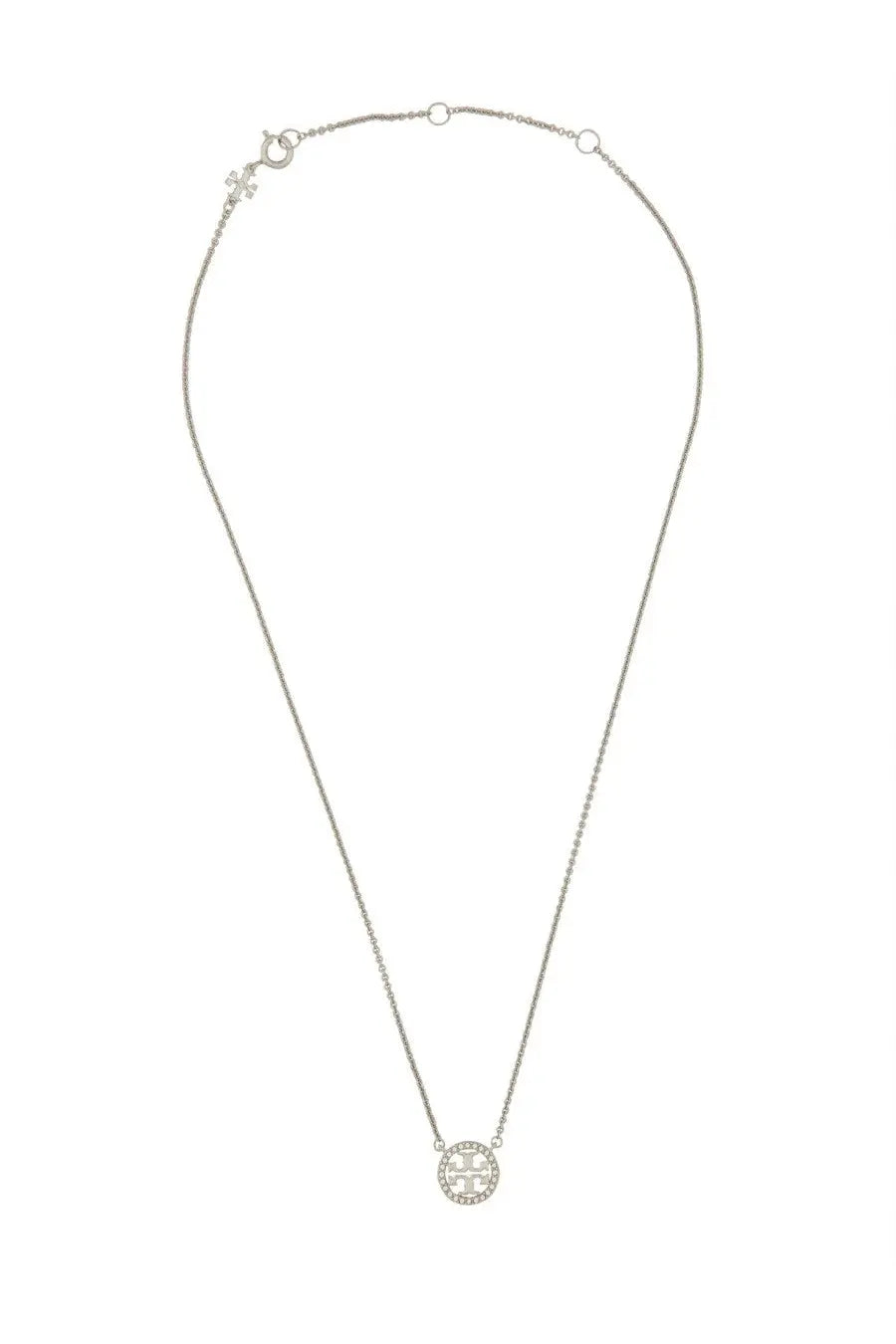 Tory Burch women’s collana con crystal silver chain necklace with circular pendant and clear stones detailing
