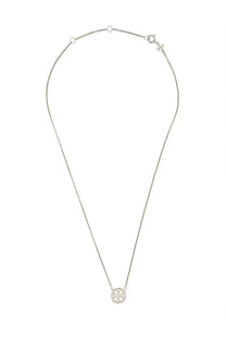 Silver Tory Burch women’s necklace with circular pendant featuring crystal and the signature interlocking T logo