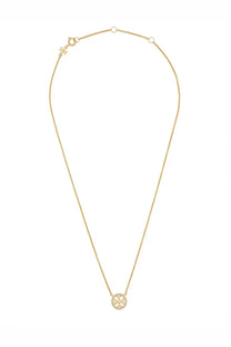 Tory Burch women’s gold collana Miller pavè necklace with circular pendant featuring intricate cross and stones