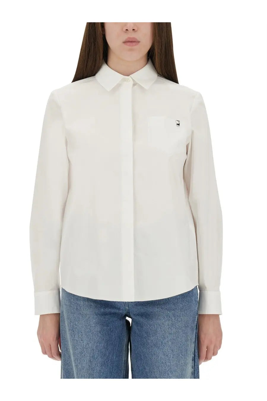 Tory Burch women’s white cotton poplin long-sleeved button-down shirt with classic collar and chest pocket branding