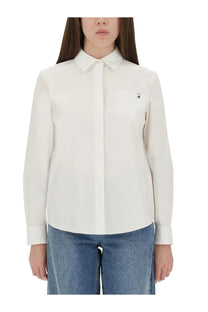 Tory Burch women’s white cotton poplin long-sleeved button-down shirt with classic collar and chest pocket branding