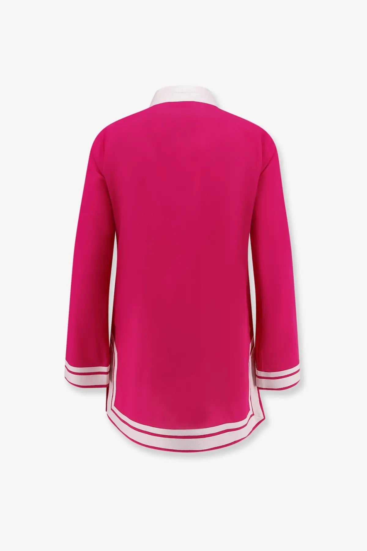 Tory Burch women’s blue cotton short dress with a vibrant fuchsia blouse featuring white collar and trim details
