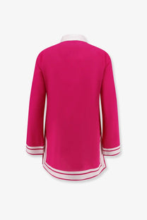 Tory Burch women’s blue cotton short dress with a vibrant fuchsia blouse featuring white collar and trim details