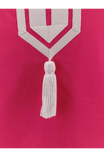 White embroidered tassel with geometric herringbone design on the top of tory burch women’s blue cotton short dress