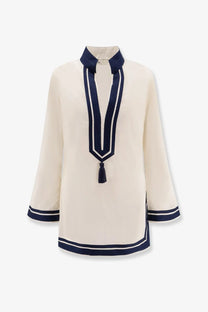 Tory Burch women’s cream-colored silk blouse with navy blue trim and tassel detail at the neckline