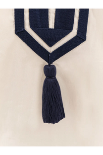 Navy blue woven tassel with geometric patterned fabric top on tory burch women’s white cotton short dress
