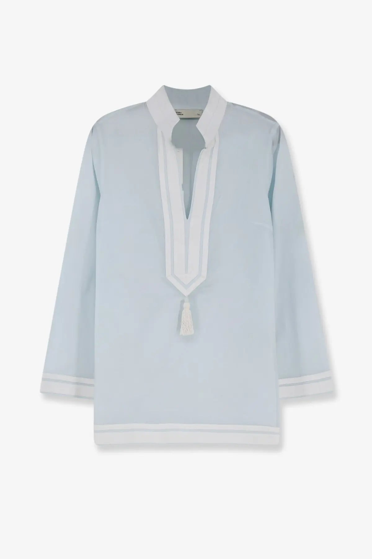 Light blue silk blouse with white embroidered trim and tassel neckline in Tory Burch women’s cotton tunic shirt blue