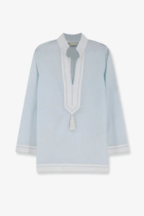 Light blue silk blouse with white embroidered trim and tassel neckline in Tory Burch women’s cotton tunic shirt blue