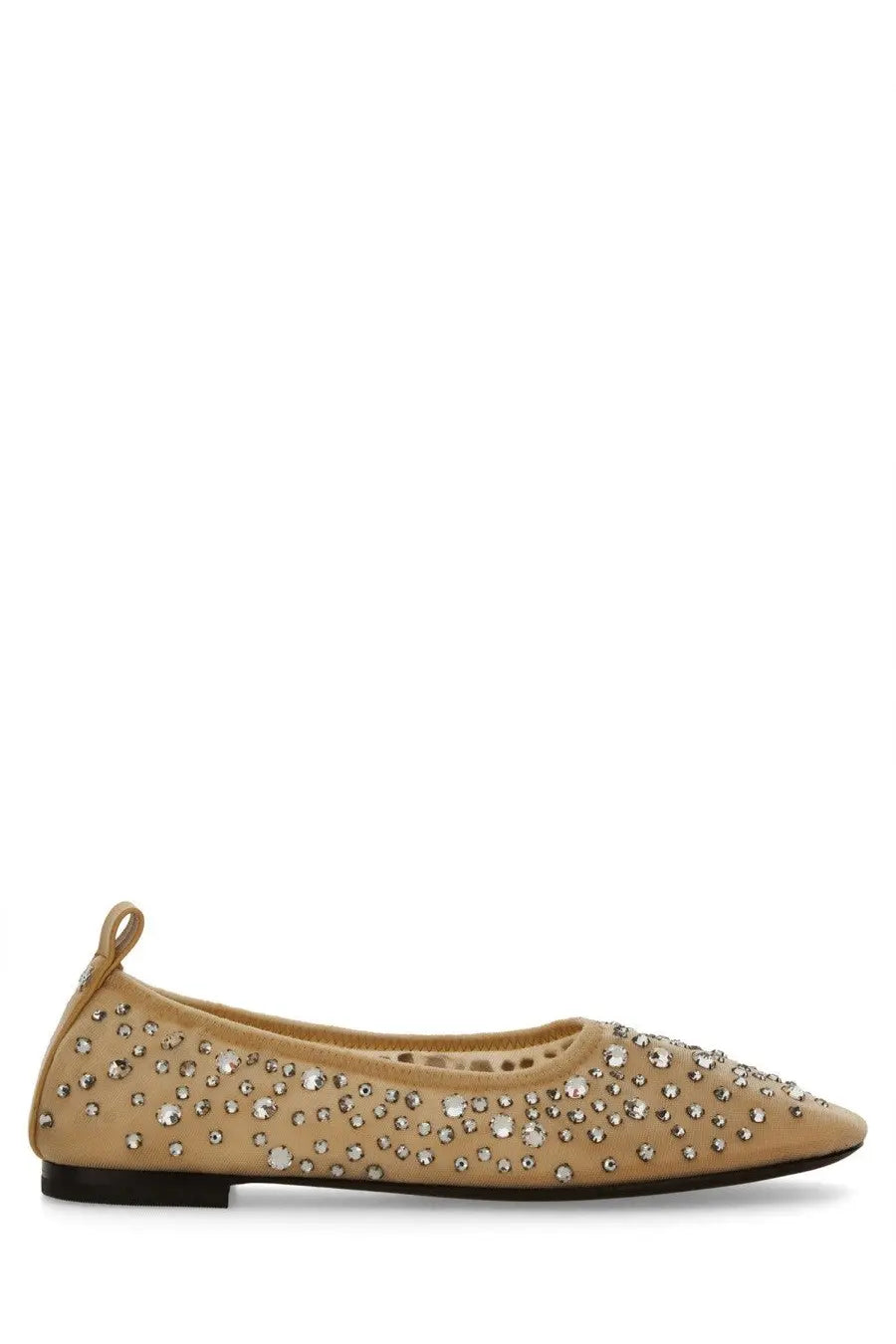 Beige Tory Burch women’s crystal ballerina flat shoe adorned with scattered clear rhinestones