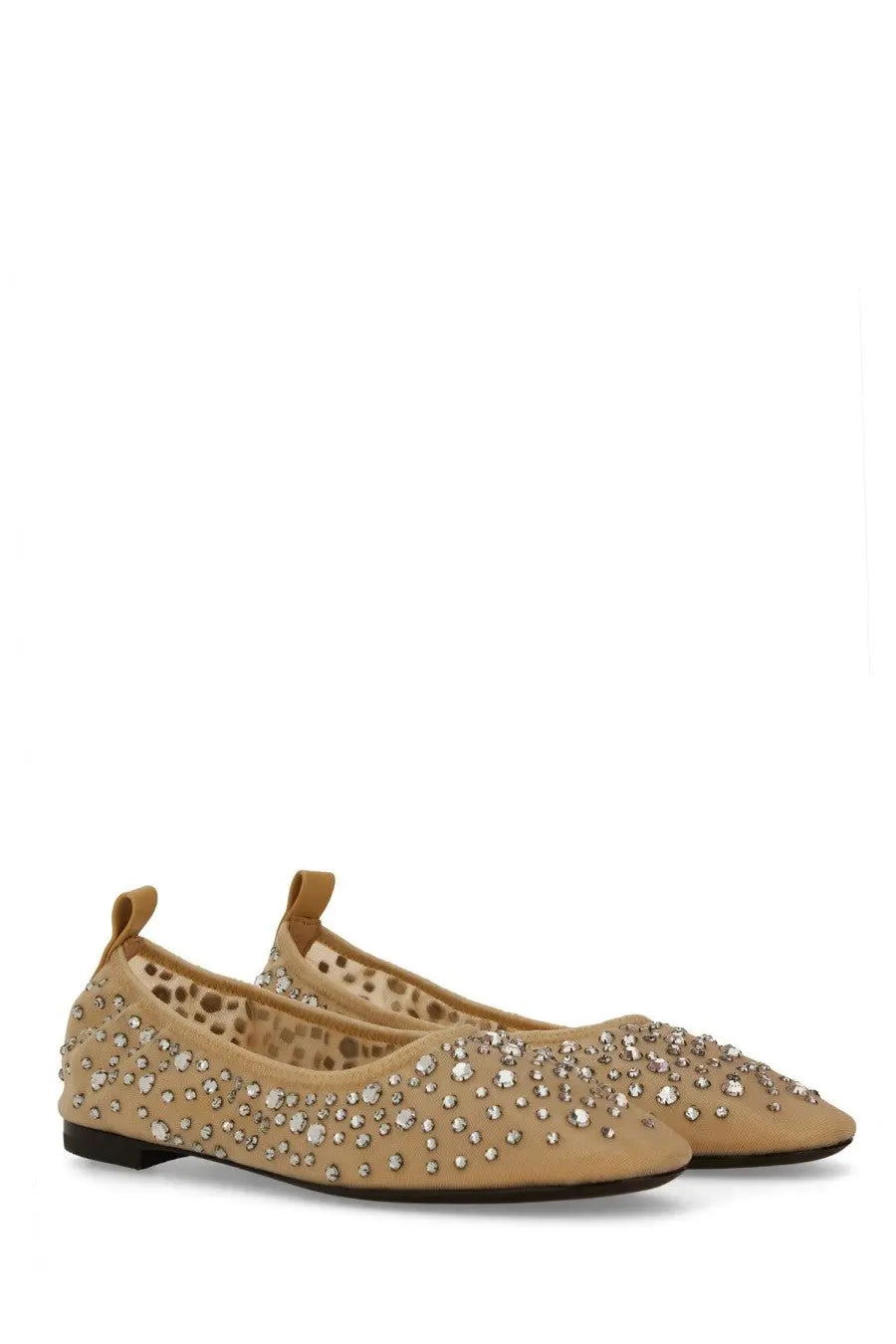 Beige suede tory burch women’s crystal ballerina flats with sparkling rhinestones on toe and sides