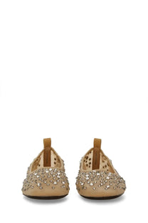 Tory Burch women’s crystal ballerina beige suede flats with sparkling rhinestones and delicate perforated design
