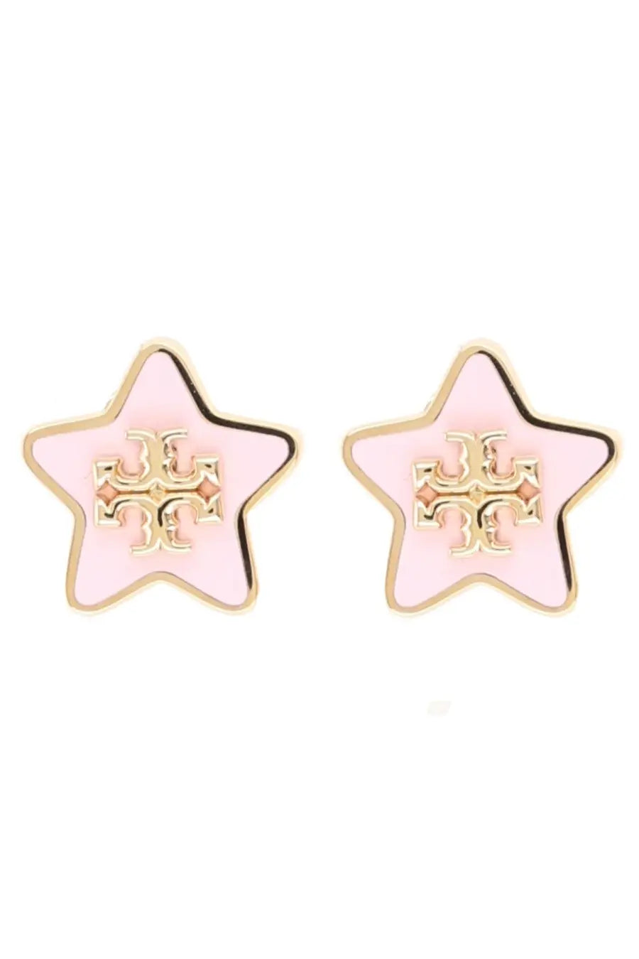 Pink star-shaped tory burch women’s earrings with gold-tone logo at the center in kelly gold style
