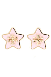 Pink star-shaped tory burch women’s earrings with gold-tone logo at the center in kelly gold style