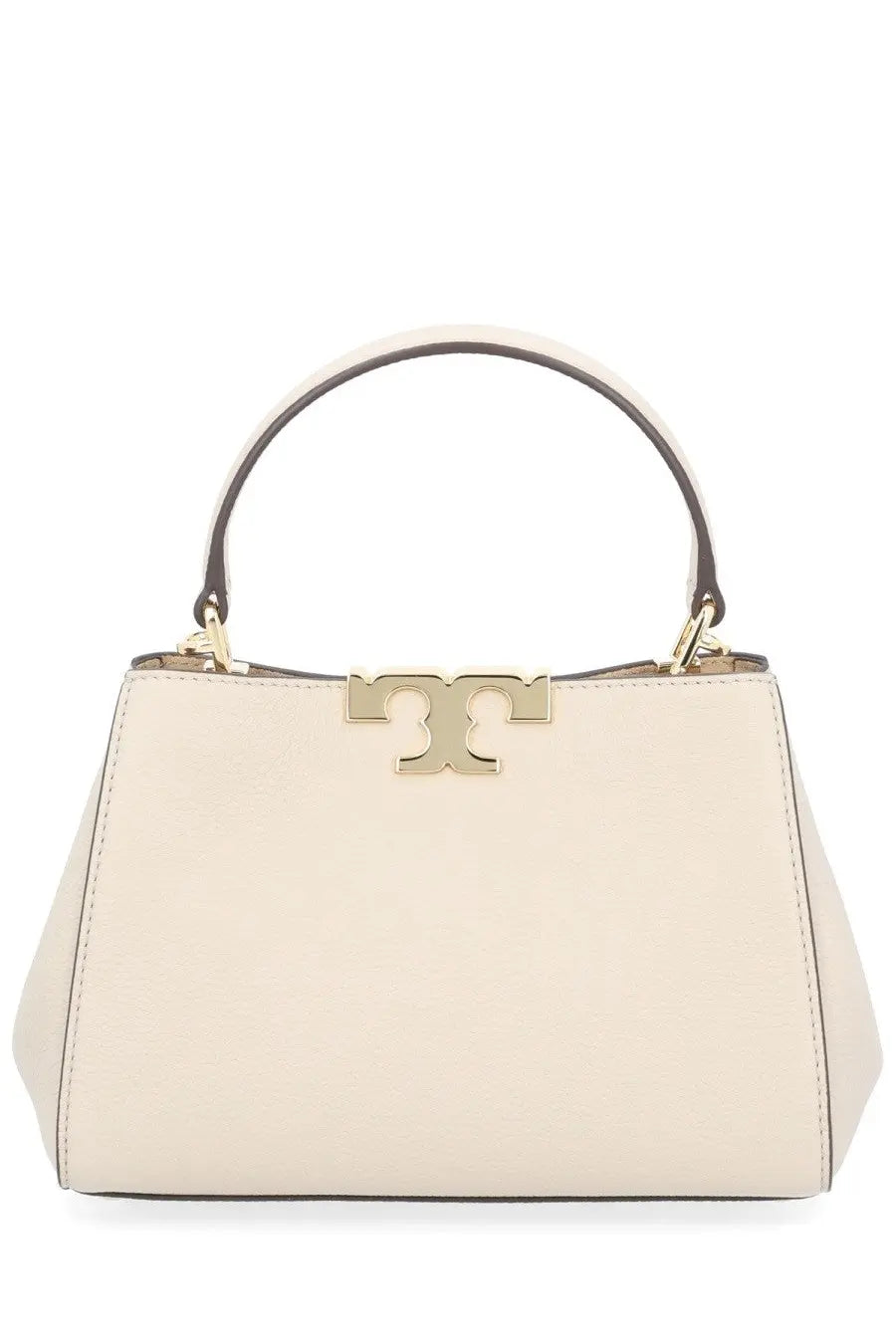 Cream-colored leather Tory Burch women’s Eleanor bag with gold-tone logo clasp and black handle
