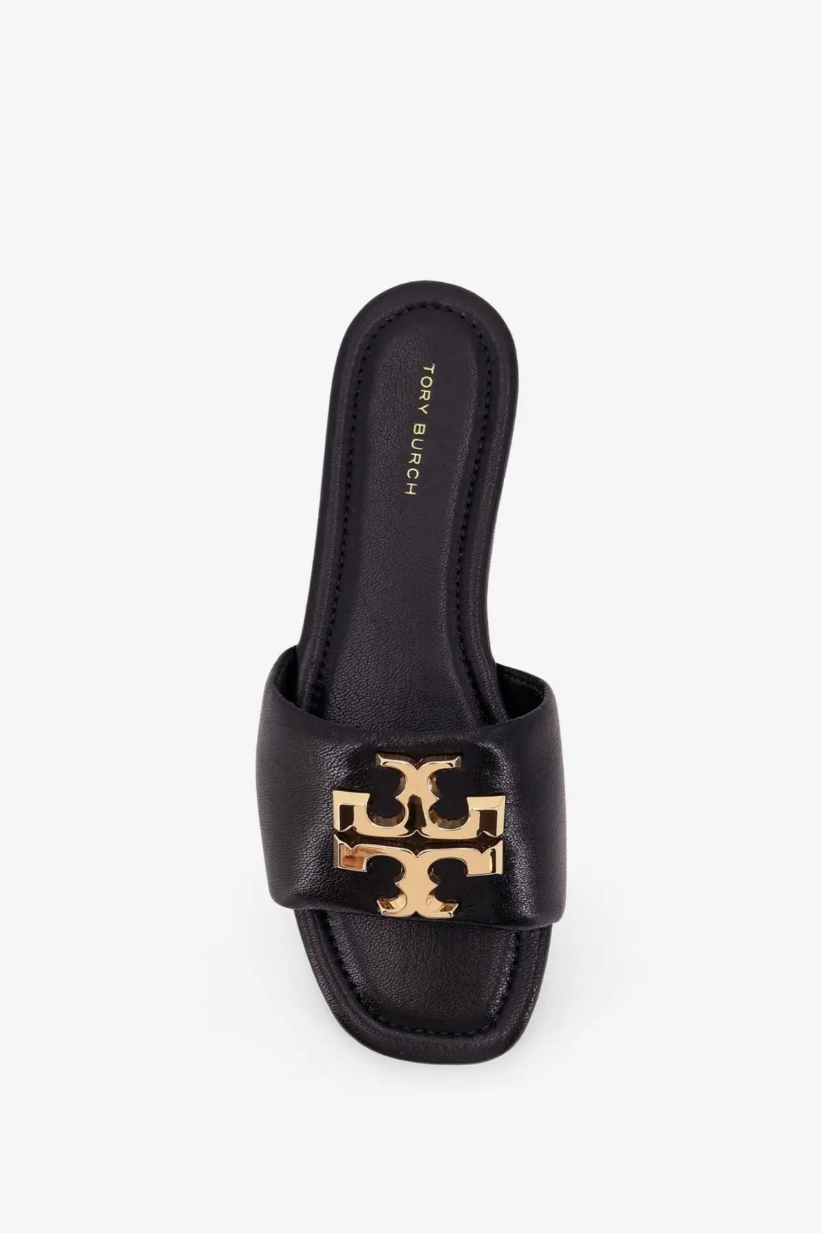 Black leather tory burch eleanor flat slide sandal with gold-tone logo buckle for women