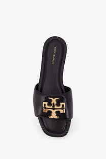 Black leather tory burch eleanor flat slide sandal with gold-tone logo buckle for women