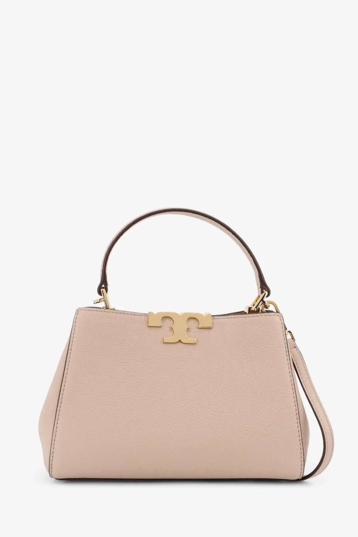 Tory Burch women’s eleanor beige leather mini satchel crossbody bag with gold-tone tt logo clasp and handle