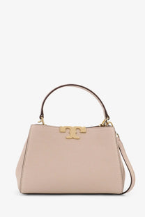 Tory Burch women’s eleanor beige leather mini satchel crossbody bag with gold-tone tt logo clasp and handle