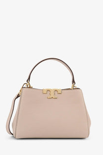 Beige leather tory burch women’s eleanor pebbled mini satchel crossbody bag with gold tone logo clasp and handles