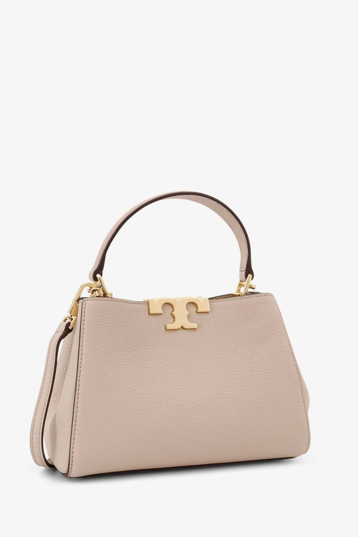 Tory Burch women’s beige leather mini satchel crossbody bag with gold-tone t-shaped clasp and matching handle