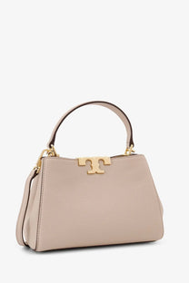 Tory Burch women’s beige leather mini satchel crossbody bag with gold-tone t-shaped clasp and matching handle