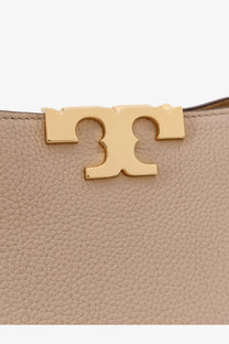 Beige tory burch women’s eleanor pebbled leather mini satchel crossbody bag with gold-tone metallic logo clasp