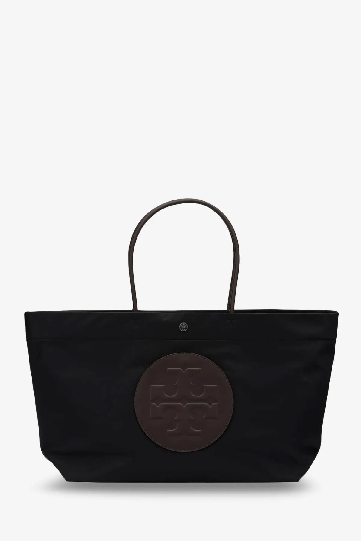 Tory Burch women’s Ella Twist black nylon tote bag with brown circular logo patch and matching handles