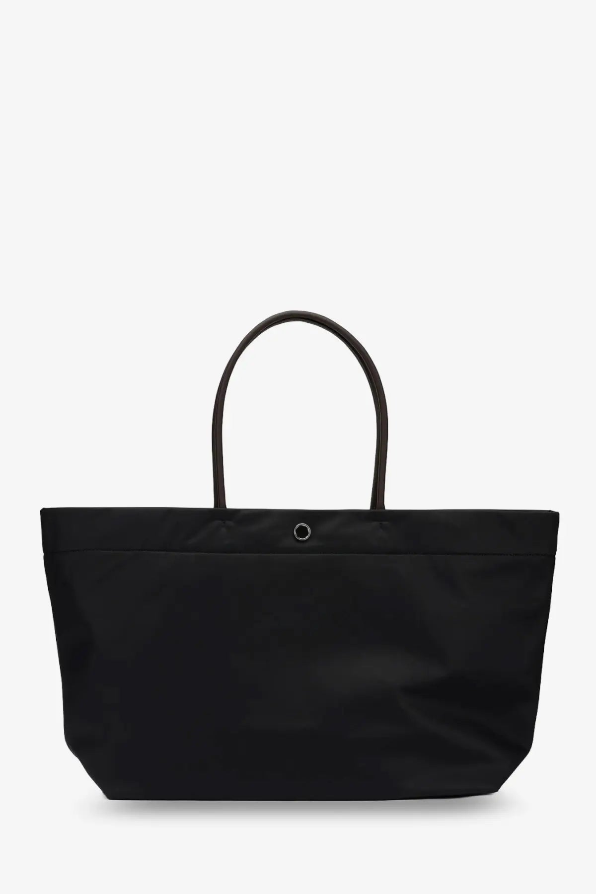 Tory Burch women’s Ella Twist black nylon tote bag with curved leather handles and small circular metal accent