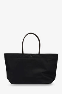 Tory Burch women’s Ella Twist black nylon tote bag with curved leather handles and small circular metal accent