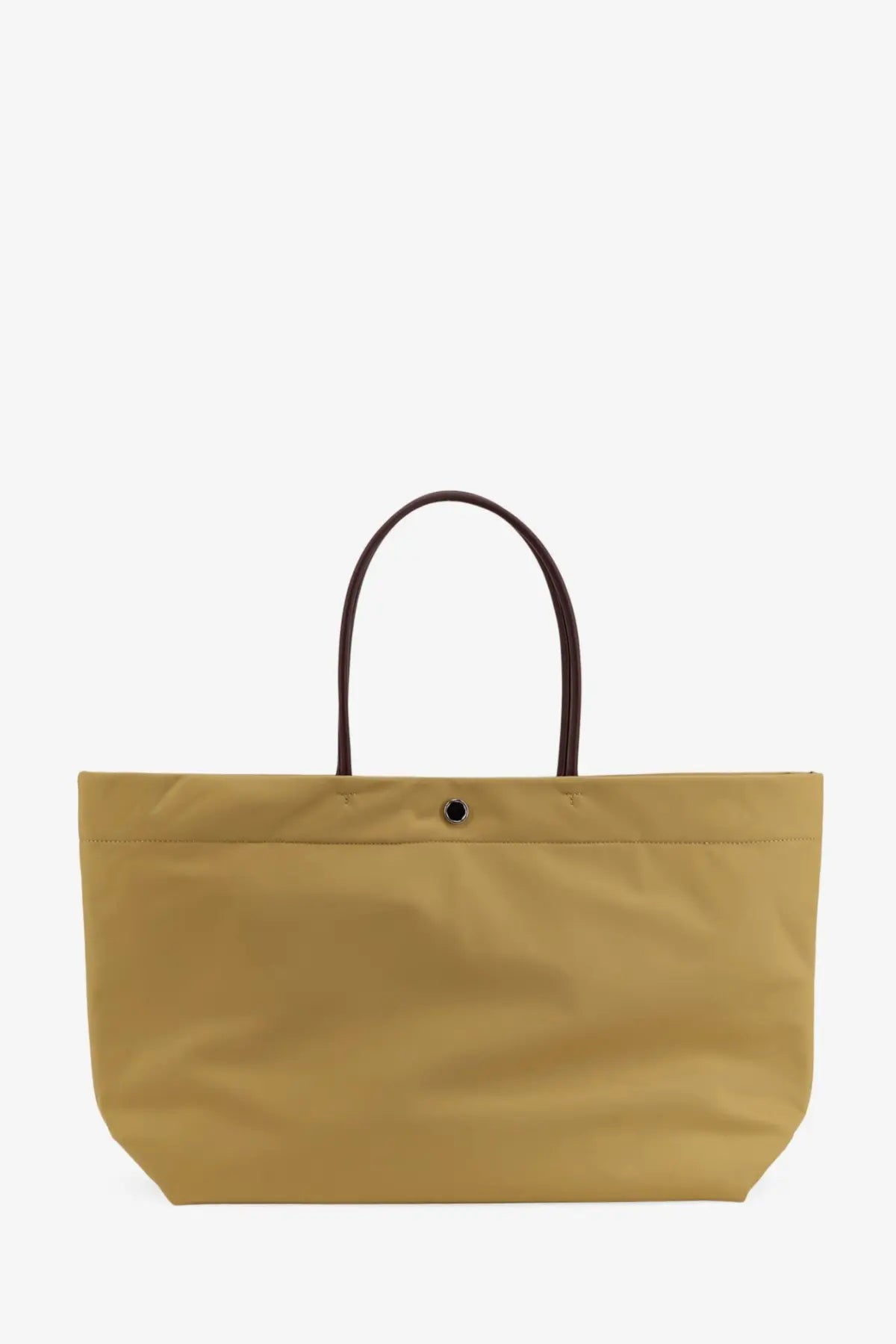 Tory burch women’s ella twist nylon shoulder bag in mustard yellow with dark brown leather handles and black snap closure