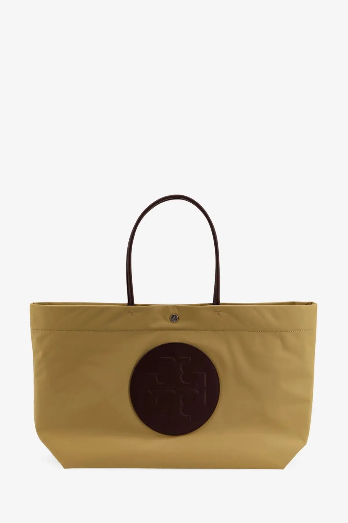 Tory Burch women’s Ella Twist mustard yellow nylon shoulder bag with dark brown leather handles and embossed logo patch