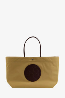 Tory Burch women’s Ella Twist mustard yellow nylon shoulder bag with dark brown leather handles and embossed logo patch