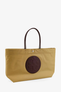 Tory Burch women’s ella twist nylon shoulder bag wheat with mustard-yellow nylon and dark brown leather handles