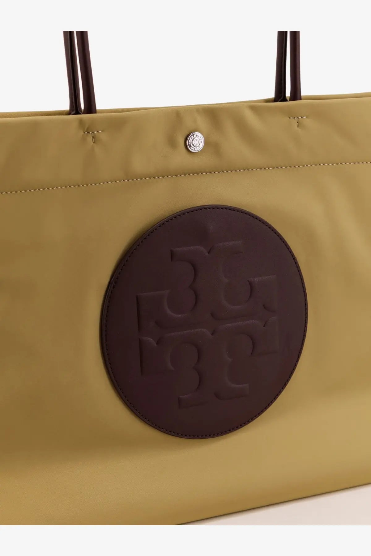 Tory burch womens olive green canvas tote bag with dark brown leather patch embossed logo and silver metal hardware