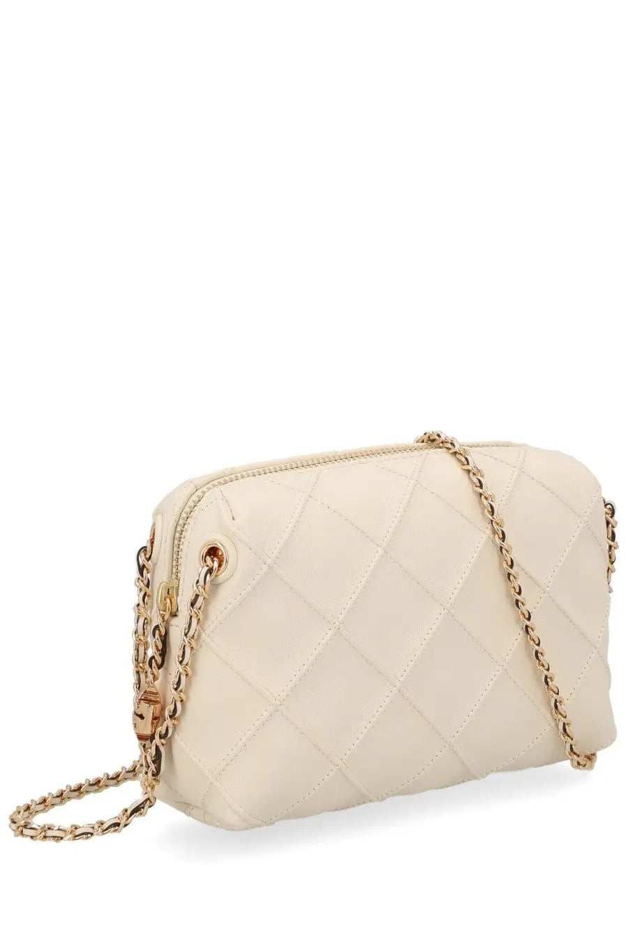 Cream-colored quilted leather crossbody bag with gold-tone chain strap by Tory Burch Fleming beige women’s bag