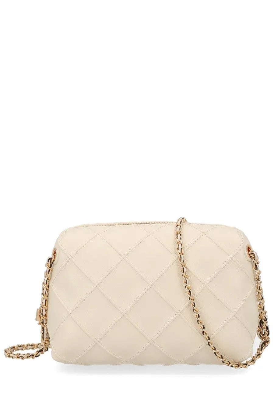 Cream-colored quilted leather crossbody bag with gold-tone chain strap from tory burch women’s fleming bag beige collection