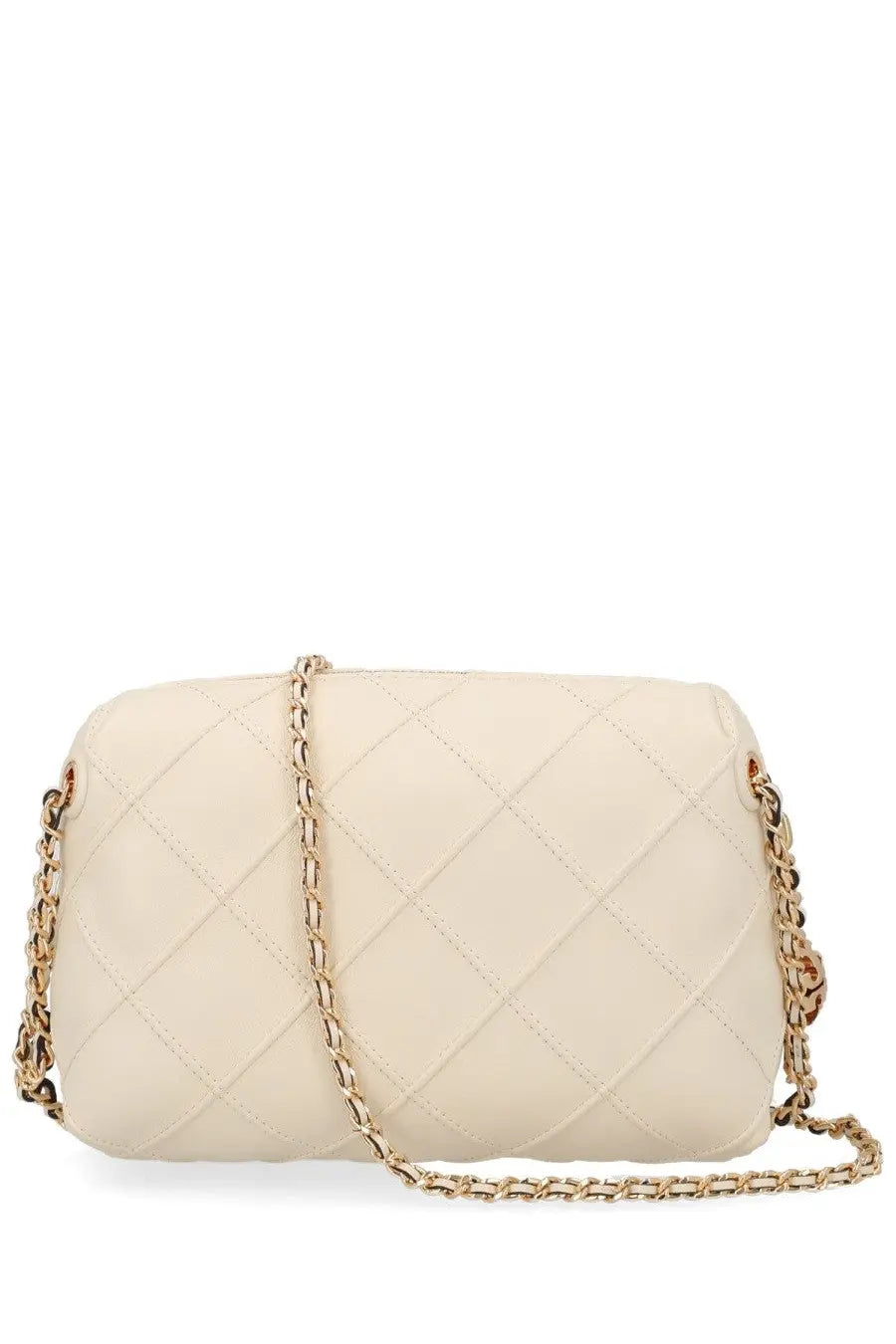 Cream-colored quilted leather crossbody bag with gold-tone chain strap by Tory Burch women’s Fleming bag beige