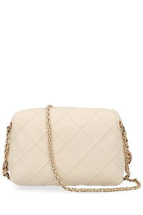 Cream-colored quilted leather crossbody bag with gold-tone chain strap by Tory Burch women’s Fleming bag beige