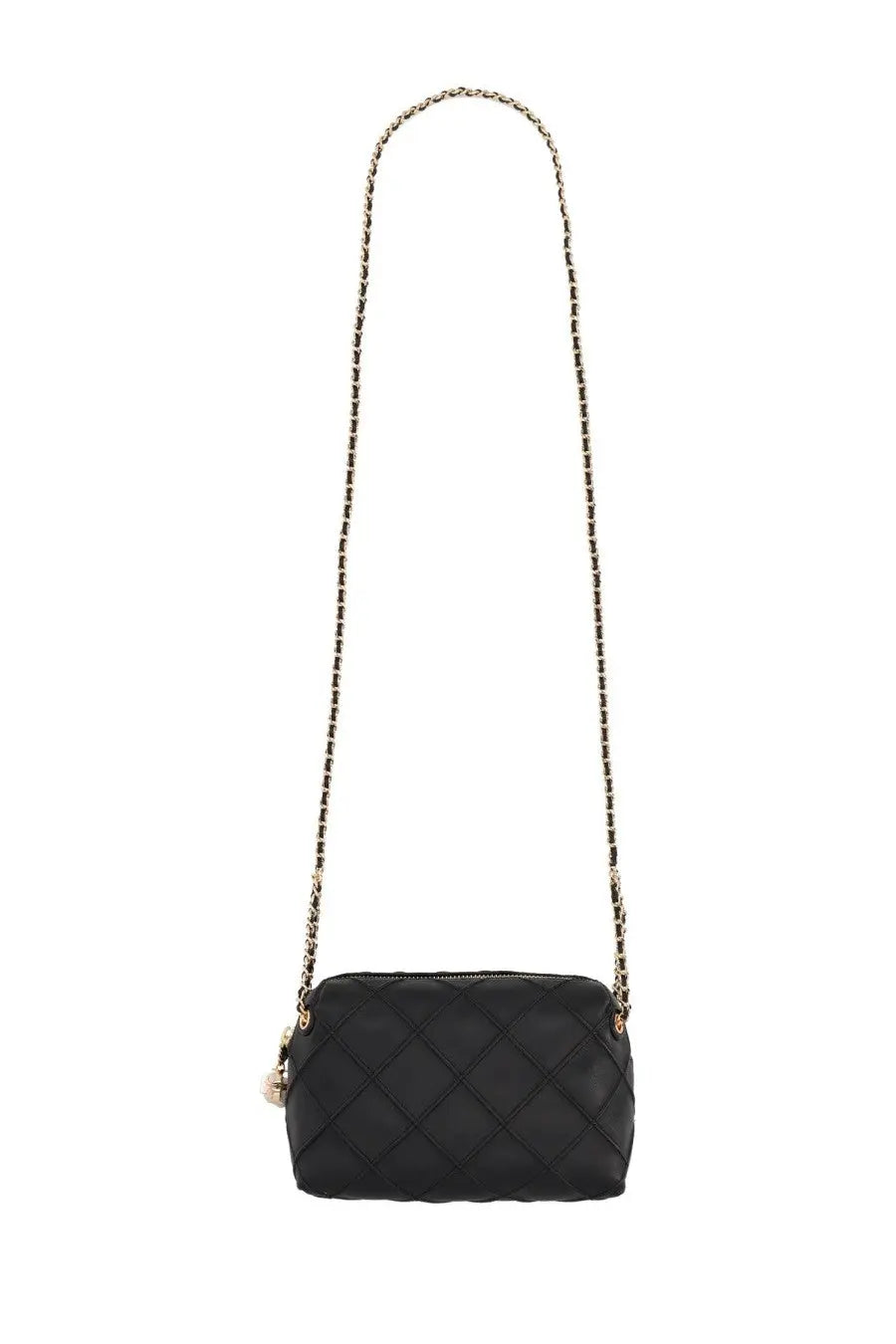 Black quilted leather crossbody bag with gold chain strap and pearl charm designed by tory burch for women