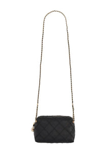 Black quilted leather crossbody bag with gold chain strap and pearl charm designed by tory burch for women